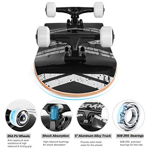 Skateboard Completo, Funxim Tabla de Skateboard 31 x 8 Pulgadas 4 Ruedas 7 Capas Madera de Arce Doble Patada Rueda Completa para Monopatín Skateboard para Principiantes Hombres y Mujeres Jóvenes Niños