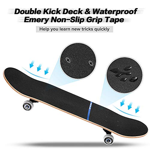 Skateboard Completo, Funxim Tabla de Skateboard 31 x 8 Pulgadas 4 Ruedas 7 Capas Madera de Arce Doble Patada Rueda Completa para Monopatín Skateboard para Principiantes Hombres y Mujeres Jóvenes Niños