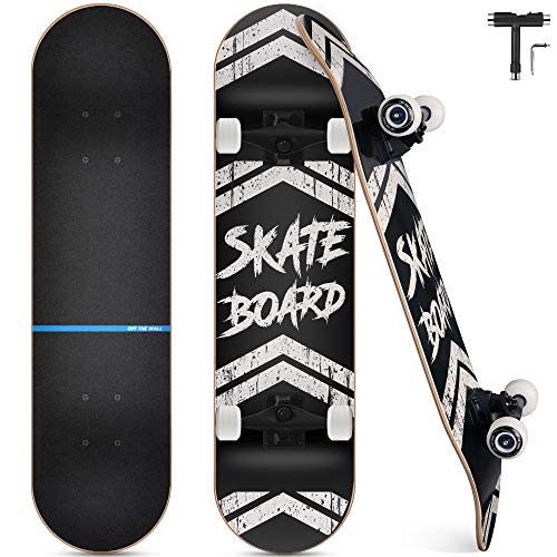 Skateboard Completo, Funxim Tabla de Skateboard 31 x 8 Pulgadas 4 Ruedas 7 Capas Madera de Arce Doble Patada Rueda Completa para Monopatín Skateboard para Principiantes Hombres y Mujeres Jóvenes Niños