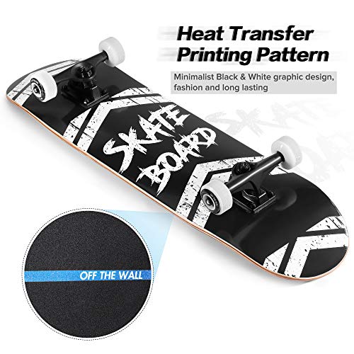 Skateboard Completo, Funxim Tabla de Skateboard 31 x 8 Pulgadas 4 Ruedas 7 Capas Madera de Arce Doble Patada Rueda Completa para Monopatín Skateboard para Principiantes Hombres y Mujeres Jóvenes Niños