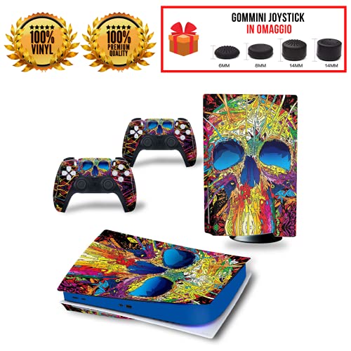 Skin adhesivo compatible con consola Playstation 5 PS5 y Joystick Dualsense. 100% vinilo + Set de 8 gomas de diferente grosor gratis para controlador. Versión Disc (no digital) (Teschio Fantasy)