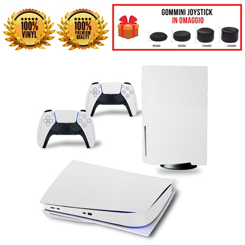 Skin Kit efecto carbono blanco carcasa película adhesiva antiarañazos 100 % vinilo HD Quality compatible con PS5 versión DISC/STANDARD Edition + Set 4 pares de gomas para controlador PlayStation 5