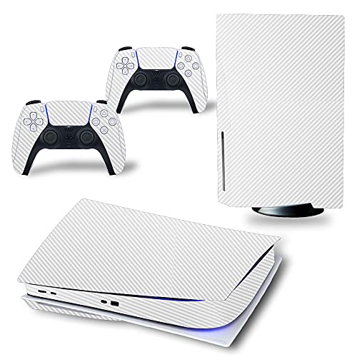 Skin Kit efecto carbono blanco carcasa película adhesiva antiarañazos 100 % vinilo HD Quality compatible con PS5 versión DISC/STANDARD Edition + Set 4 pares de gomas para controlador PlayStation 5