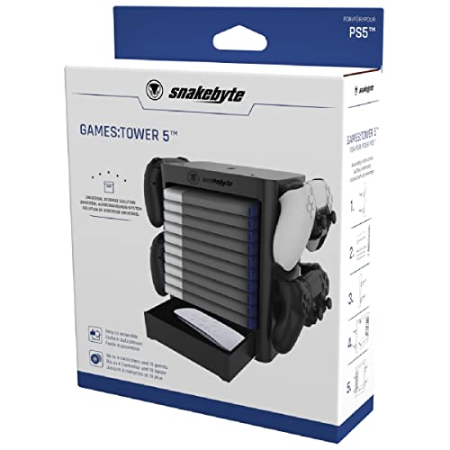 snakebyte GAMES TOWER 5 - negro - Solución de almacenamiento universal para hasta 10 juegos/Blu-Ray y mandos, compartimento extra para accesorios, comp. con PlayStation 5, PS4, Xbox Series X, Xbox One