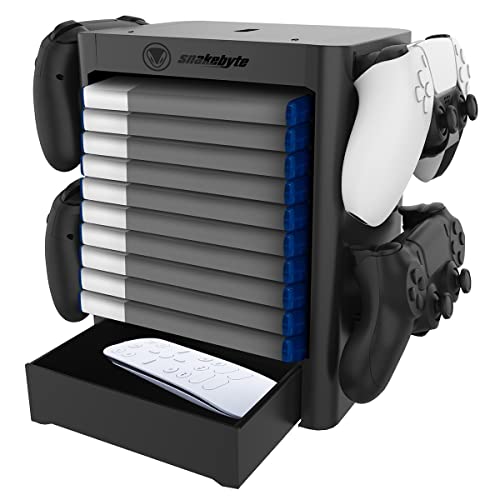 snakebyte GAMES TOWER 5 - negro - Solución de almacenamiento universal para hasta 10 juegos/Blu-Ray y mandos, compartimento extra para accesorios, comp. con PlayStation 5, PS4, Xbox Series X, Xbox One