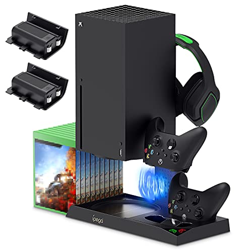 Soporte vertical para Xbox Series X con ventilador, estación de carga con 2 baterías recargables de 1400 mAh, soporte para Xbox Series X, auriculares, discos de juegos