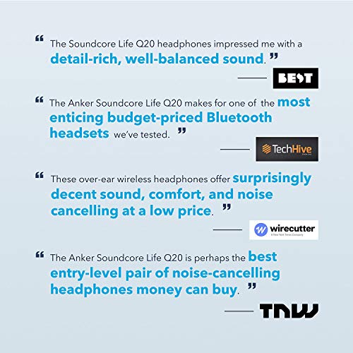 Soundcore Life Q20 Auriculares Inalámbricos Diadema con cancelación Activa de Ruido, Auriculares inalámbricos con Bluetooth, hasta 40H de Reproducción, Audio de Alta resolución, Almohadillas Suaves