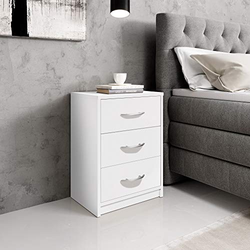 Stella Trading Pepe en Blanco-Mesita de Noche Sencilla con Tres cajones para Combinar con Cualquier Cama y Dormitorio, Engineered Wood, 39 x 54 x 28 cm