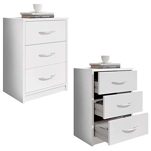 Stella Trading Pepe en Blanco-Mesita de Noche Sencilla con Tres cajones para Combinar con Cualquier Cama y Dormitorio, Engineered Wood, 39 x 54 x 28 cm