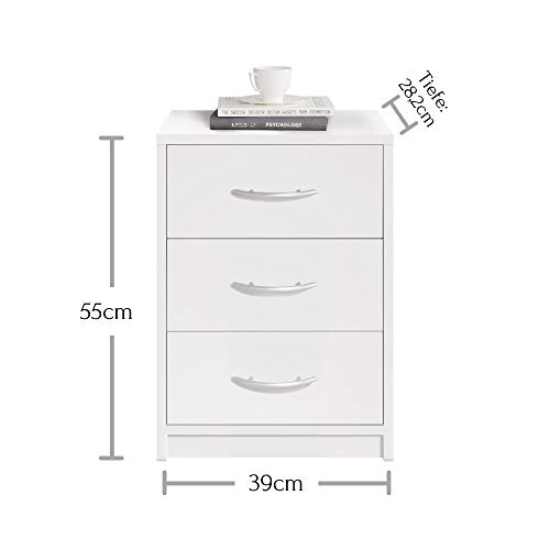 Stella Trading Pepe en Blanco-Mesita de Noche Sencilla con Tres cajones para Combinar con Cualquier Cama y Dormitorio, Engineered Wood, 39 x 54 x 28 cm