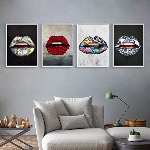 Stephen Painting & Calligraphy - Creative Color Print Lips Canvas Painting Personality Flower Diamond Lips Temptation Posters Living Room Bedroom Art Home Decor - by 1 PCs