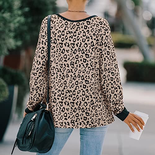 Sudadera casual de manga larga con cuello en O de leopardo cosido para mujer, B Marrón, XL