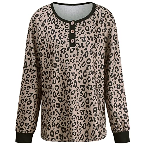 Sudadera casual de manga larga con cuello en O de leopardo cosido para mujer, B Marrón, XL