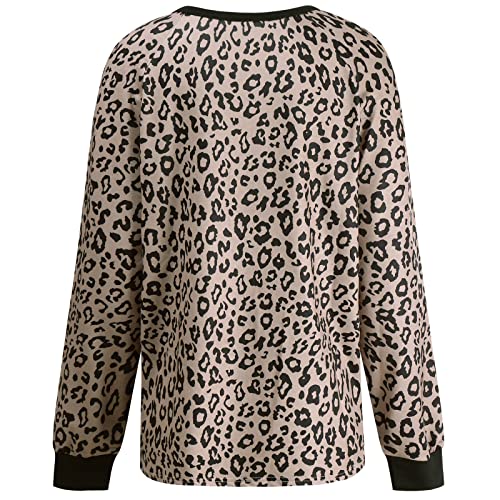 Sudadera casual de manga larga con cuello en O de leopardo cosido para mujer, B Marrón, XL