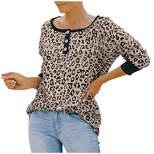 Sudadera casual de manga larga con cuello en O de leopardo cosido para mujer, B Marrón, XL