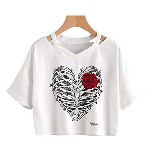 Summer Pink Heart Flower Print Women T-Shirt Punk Gothic Crop Tops Casual V-Neck Harajuku Streetwear