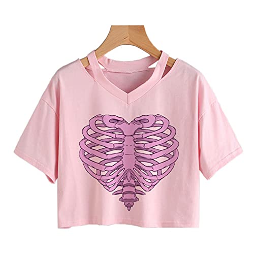 Summer Pink Heart Flower Print Women T-Shirt Punk Gothic Crop Tops Casual V-Neck Harajuku Streetwear