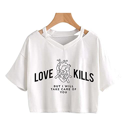 Summer Pink Heart Flower Print Women T-Shirt Punk Gothic Crop Tops Casual V-Neck Harajuku Streetwear