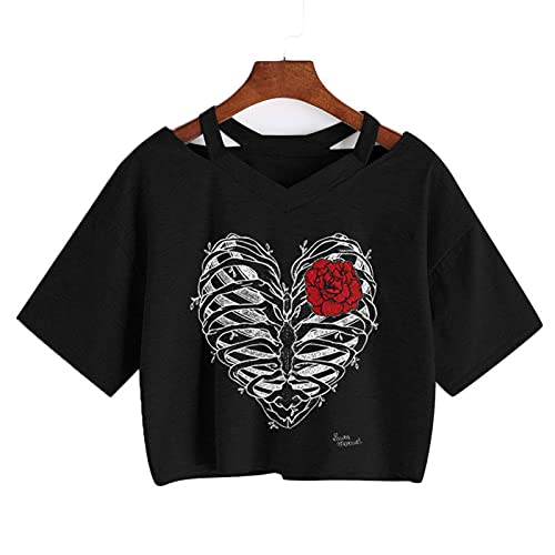 Summer Pink Heart Flower Print Women T-Shirt Punk Gothic Crop Tops Casual V-Neck Harajuku Streetwear