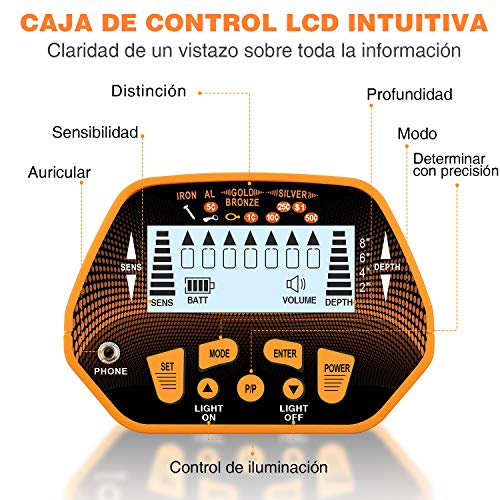 SUNPOW Detector de Metales Detector de Metales Profesional con Disc & All Metal Modos y Gran Pantalla LCD, Bobina de búsqueda Impermeable de 25,4 cm