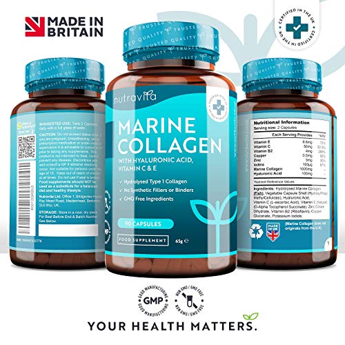 Super Fuerza Colágeno Marino Dosis Alta 1000 mg, Ácido Hialurónico, Vitamina C y E | 90 cápsulas | Biodisponibilidad superior | fabricado por Nutravita