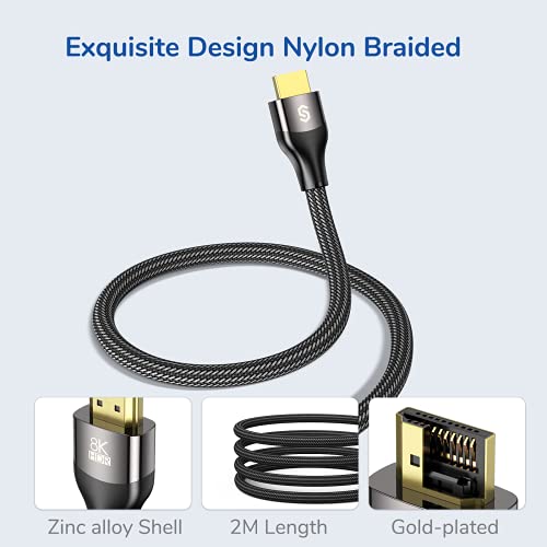 Syncwire Cable HDMI 2.1 2M 8K @ 60Hz, 4K @ 120Hz, 48Gbps Alta Velocidad, eARC, Dolby, 3D, HDR10 +, HDCP 2.2 & 2.3, Compatible con Fire TV/Xbox/PS4/PS5/Blu-ray/Soundbar DVD/PC/Monitor/HDTV