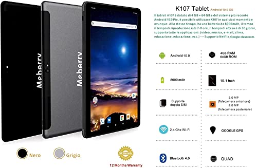 Tablet 10 '' HD IPS WiFi + Cellular 4GB RAM + 64GB ROM Android 10.0 MEBERRY Rápido Tableta, Google GMS | Dual SIM & Dual Cámara(5MP + 8MP) | 8000mAh | Bluetooth | GPS, Teclado & Ratón - Gris