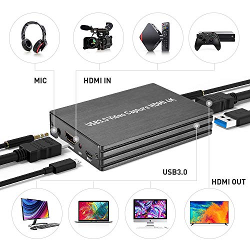 Tarjeta de captura de vídeo de audio HDMI USB 3.0 @ 60 Hz para transmisión en directo, grabación de vídeo y conferencia, compatible con Windows Linux PS4 PS3 Xbox 360 (Gray)