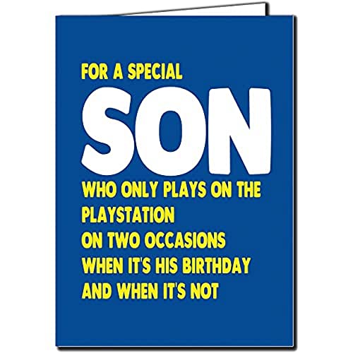 Tarjeta de cumpleaños divertida con texto en inglés "For A Special SON HE ONLY PLAYS ON THE PLAYSTATION ON DOS OCASSIONS WHEN IT'S HIS AND WHEN IT'S NOT - C546