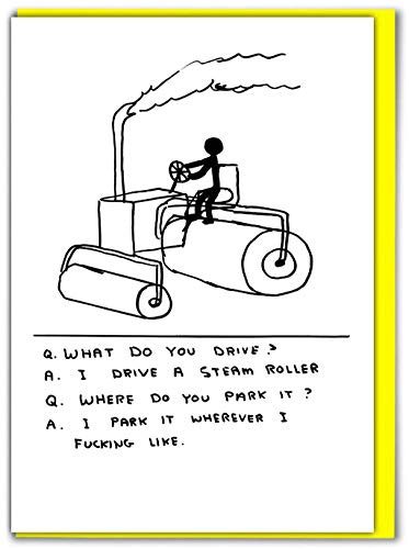 Tarjeta de felicitación divertida con texto en inglés"David Shrigley Steam Roller"
