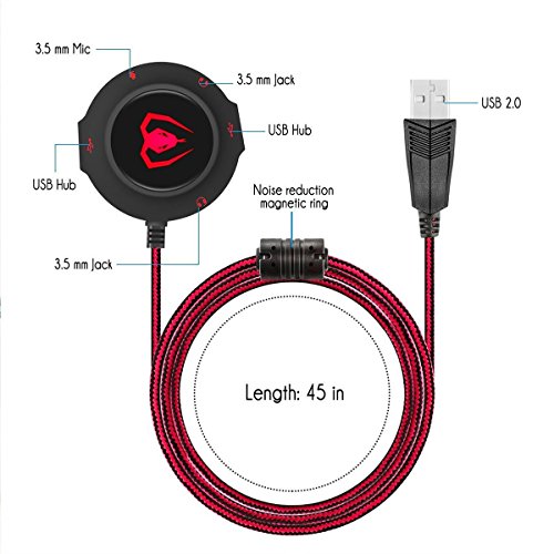 Tarjeta de sonido externa USB 2.0 HUB HiFi 3D Surround Audio Adapter con 3,5 mm jack micrófono, hub USB para PC, portátil, Mac, compatible con Windows, Vista, Mac iOS (rojo)