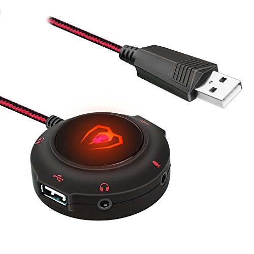 Tarjeta de sonido externa USB 2.0 HUB HiFi 3D Surround Audio Adapter con 3,5 mm jack micrófono, hub USB para PC, portátil, Mac, compatible con Windows, Vista, Mac iOS (rojo)