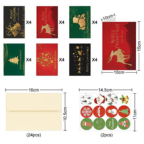Tarjeta Navideñas de Felicitación, 24 Piezas Tarjetas de Navidad con Sobres y Pegatinas, Christmas Cards Pack, Postales Navidad para Saludos Familiares