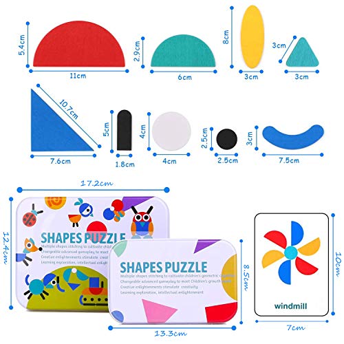 TATAFUN Tangram Madera, Rompecabezas de Madera Bloques, 36 PCS Montessori Puzzle de Madera + 60 PCS Diseño Tarjetas de Apilamiento Juegos y Juguetes Educativos Clasificación de la Infancia