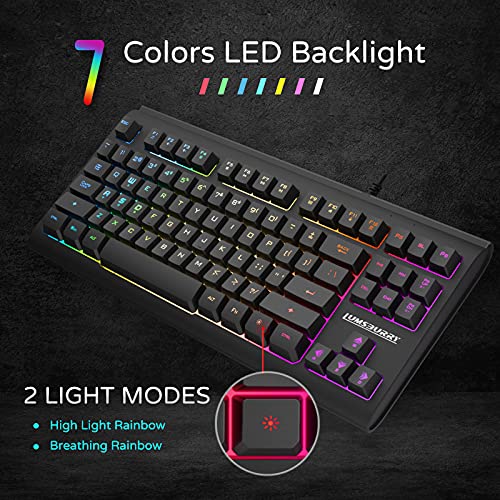 Teclado para juegos con retroiluminación LED Rainbow con 88 teclas (diseño británico), teclado compacto con 12 teclas de acceso directo multimedia, teclado con cable USB para PC Gamers Office