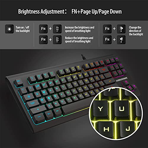 Teclado para juegos con retroiluminación LED Rainbow con 88 teclas (diseño británico), teclado compacto con 12 teclas de acceso directo multimedia, teclado con cable USB para PC Gamers Office