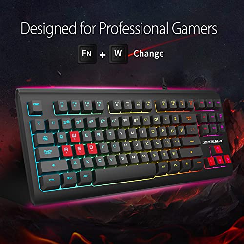 Teclado para juegos con retroiluminación LED Rainbow con 88 teclas (diseño británico), teclado compacto con 12 teclas de acceso directo multimedia, teclado con cable USB para PC Gamers Office