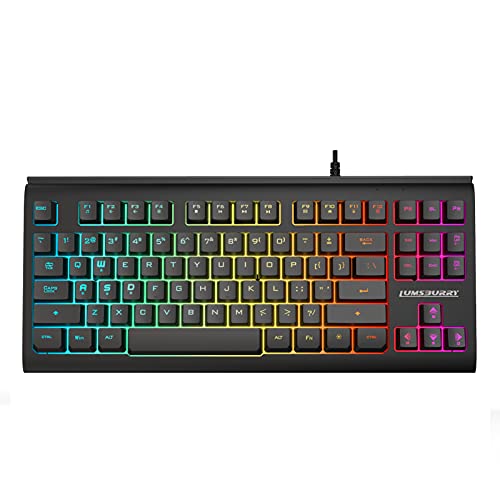 Teclado para juegos con retroiluminación LED Rainbow con 88 teclas (diseño británico), teclado compacto con 12 teclas de acceso directo multimedia, teclado con cable USB para PC Gamers Office