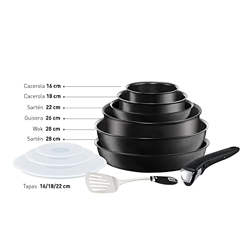 Tefal Ingenio Expertise - Juego de 3 Sartenes y 3 Cazos + Accesorios: Sarten 22/26cm, Wok 24cm, Cazo 16/18/20cm, Guisera 24cm, 3 tapas plástico, espátula, mango extraíble, sartenes antiadherentes
