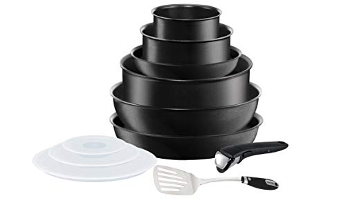 Tefal Ingenio Expertise - Juego de 3 Sartenes y 3 Cazos + Accesorios: Sarten 22/26cm, Wok 24cm, Cazo 16/18/20cm, Guisera 24cm, 3 tapas plástico, espátula, mango extraíble, sartenes antiadherentes