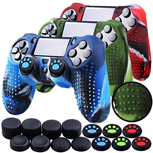 Th-some Fundas para Mando Sony PS4/ PS4 Pro/ PS4 Slim Dualshock 4, Silicona Camuflaje Carcasa Protectora Antideslizante para Play 4/ Playstation 4, 3 Pcs Fundas de Mando PS4, 10 Thumb Grips