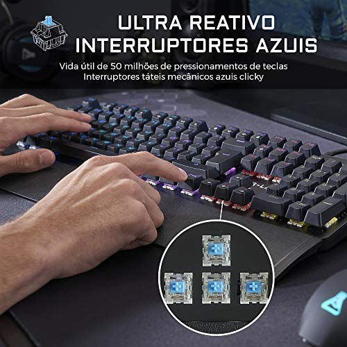 THE G-LAB Keyz Carbon E - O Teclado Gaming Mecânico PORTUGUÊS – Teclado Gamer de Alto Desempenho de Interruptor Azul, Retroiluminação LED Multicolor, 100% Anti-Ghsoting - PC PS4 Xbox One (Preta)