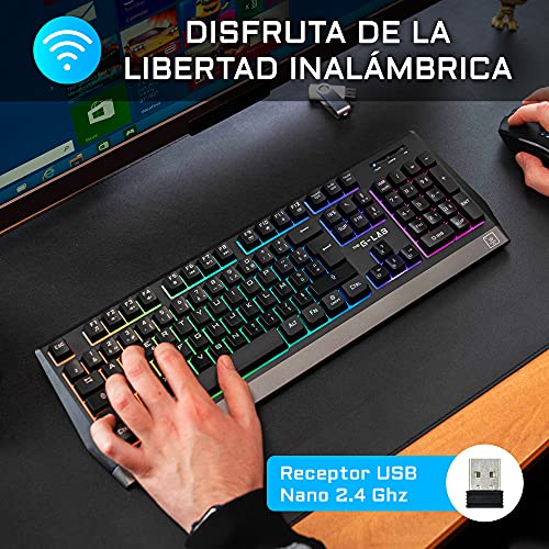 THE G-LAB Keyz Tungsten Teclado Inalámbrico Layout ESPAÑOL — Teclado Ergonómico, Duradero, Discreto, Batería incorporada de Larga Duración - Teclado Gaming Retroiluminado PC, PS4, PS5, Xbox – Nuevo