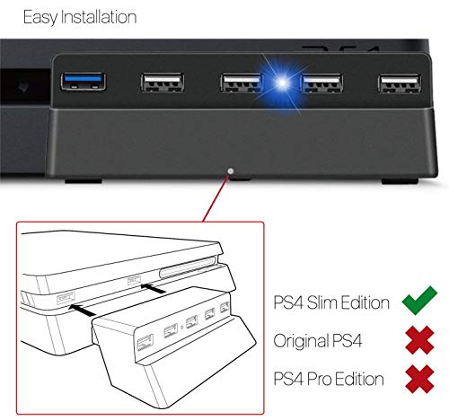 Thlevel 5 Puertos USB Hub para PS4 Slim (1x USB 3.0, 4x USB 2.0), Cargador de Alta Velocidad Splitter Expander para Playstation 4 Slim