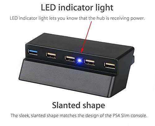 Thlevel 5 Puertos USB Hub para PS4 Slim (1x USB 3.0, 4x USB 2.0), Cargador de Alta Velocidad Splitter Expander para Playstation 4 Slim