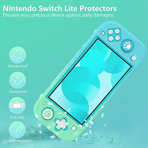 TiMOVO Funda para Switch Lite, Protector de PC Antideslizante con 4 Tapas de Agarre para Pulgar y 2 Cubiertas de Pantalla de Vidrio Templado Accesorios, Azul+ Verde