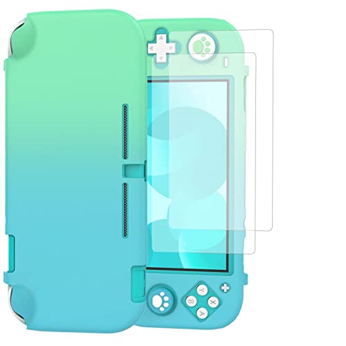 TiMOVO Funda para Switch Lite, Protector de PC Antideslizante con 4 Tapas de Agarre para Pulgar y 2 Cubiertas de Pantalla de Vidrio Templado Accesorios, Azul+ Verde