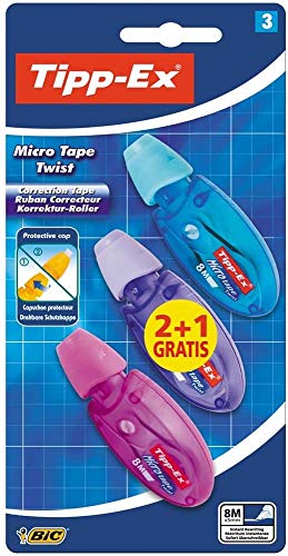 Tipp-Ex Cinta Correctora de Bolígrafos, Óptimo para material escolar,Micro Tape Twist, 8m x 5mm, Con Cabezal Rotativo, Blíster de 3