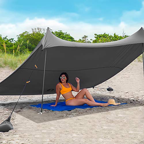 Toldo Familiar para Playa Red Suricata - Sombrilla Tipo toldo - Protección UV UPF50 - Tienda de campaña con 4 Postes de Aluminio, 4 Anclajes de Poste - Lona de Refugio Grande y portátil