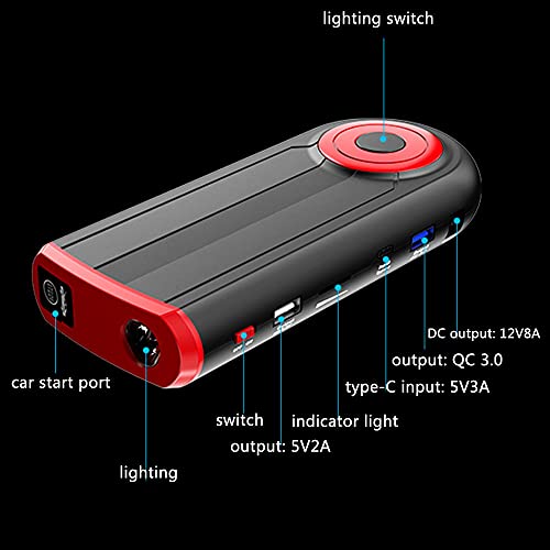 TOTMOX 12 V 12000 mAh Auto batería Booster Jump Starter Pack con abrazaderas, 3 modos de iluminación dual QC 3.0 y puerto USB Arranque de carga rojo y negro